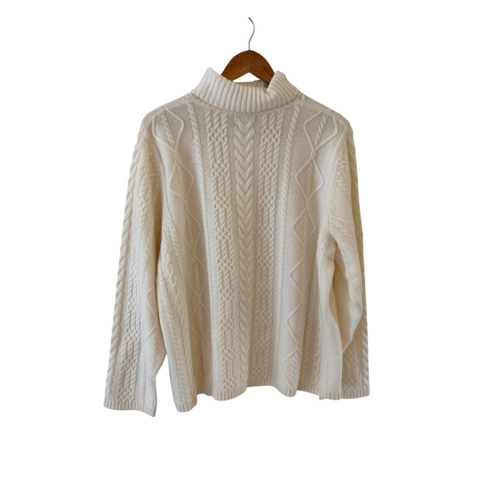 Precious Fibers 100% Cashmere Sweater Womens 1X Ivory Cable Knit Mock Neck Luxe